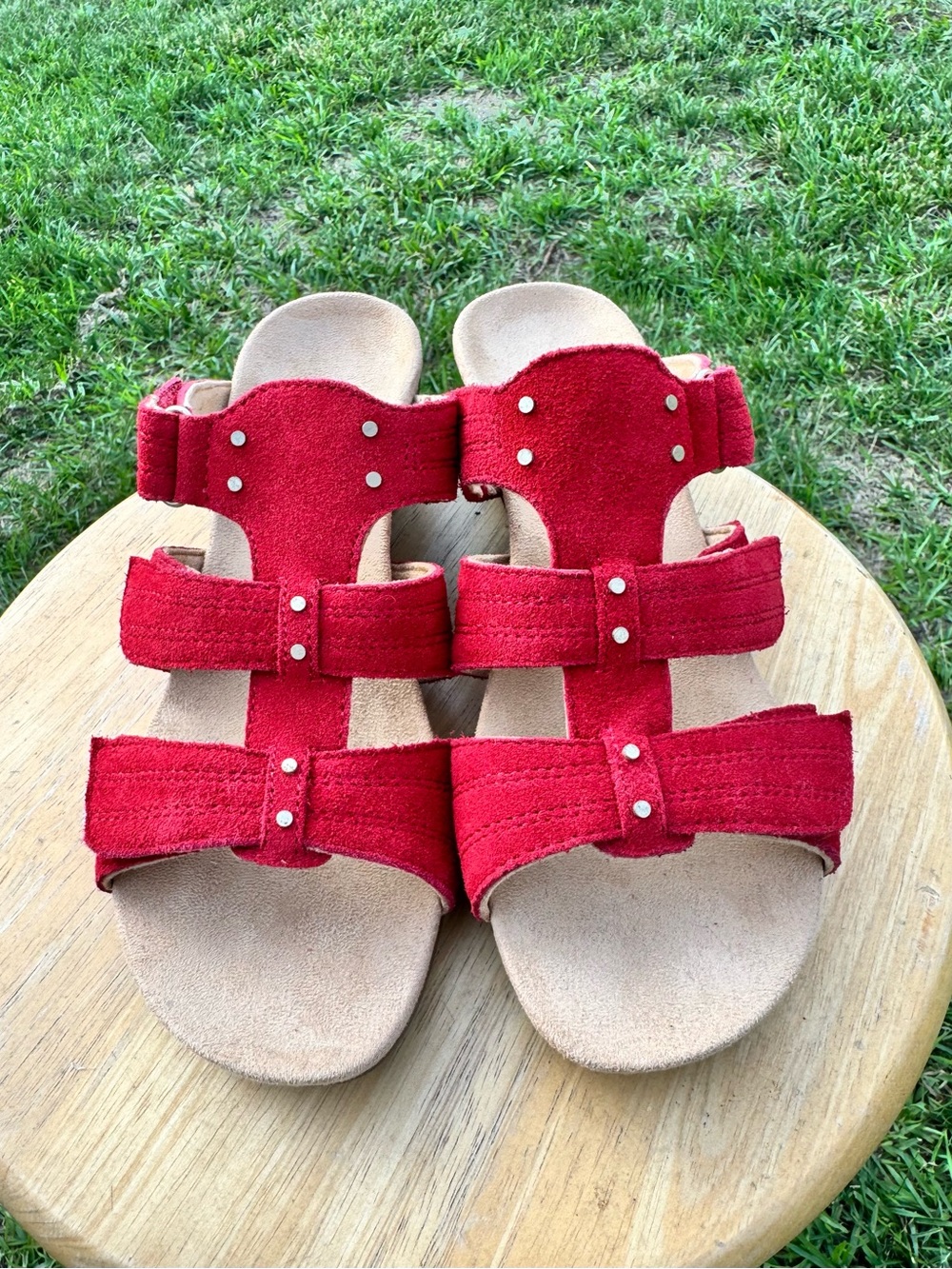 Vionic Red Suede Triple-Strap Slide Sandals